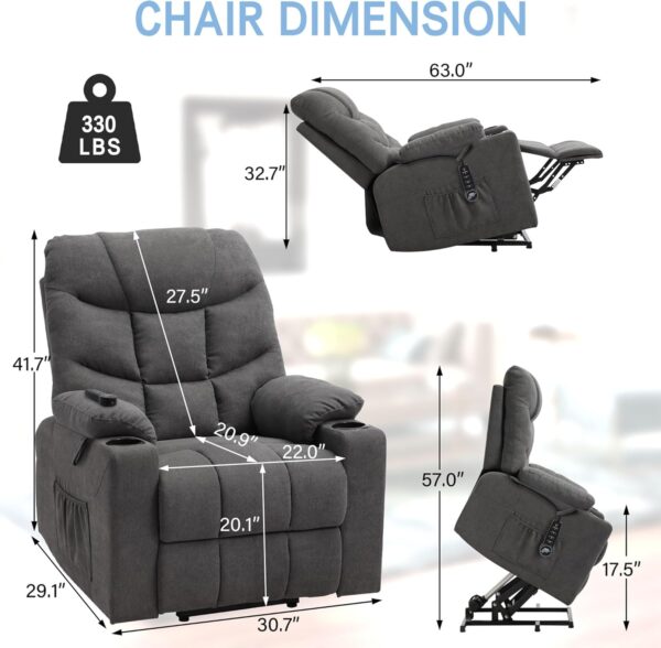 Power Lift Recliner Chair with Massage & Heat for Elderly, Linen Fabric Lazy Recliner Sofa Chairs with Cup Holders/USB/Side Pockets for Living Room, Dark Grey - Image 3