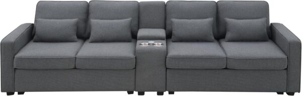 114.2" Modern Sectional Sofa Couch,Upholstered Sofa with Console,2 Cupholders,2 USB Ports Wired or Wirelessly Charged,Linen Fabric Couches with 4 Pillows for Living Room,Apartment,Dark Gray - Image 6