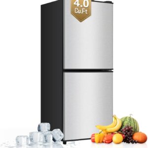 Mini Fridge with Freezer 4.0 Cu. Ft. 2-Door Small Fridge with Freezer, Dorm Fridge with Freezer with 7-Level Thermostat Control, Compact Mini Fridge for Office, Apartment, Bedroom, Silver