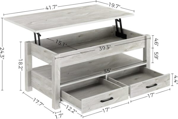 Rolanstar Coffee Table, Lift Top Coffee Table with Drawers and Hidden Compartment, Living Room Table with Wooden Lift Tabletop, for Living Room, Grey - Image 3
