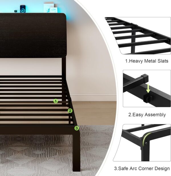 Feonase Twin Bed Frame with Ergonomic Storage Headboard & Charging Station, LED Platform Bed Frame, Heavy Duty Metal Slats, No Box Spring Needed, Easy Assembly, Black - Image 7