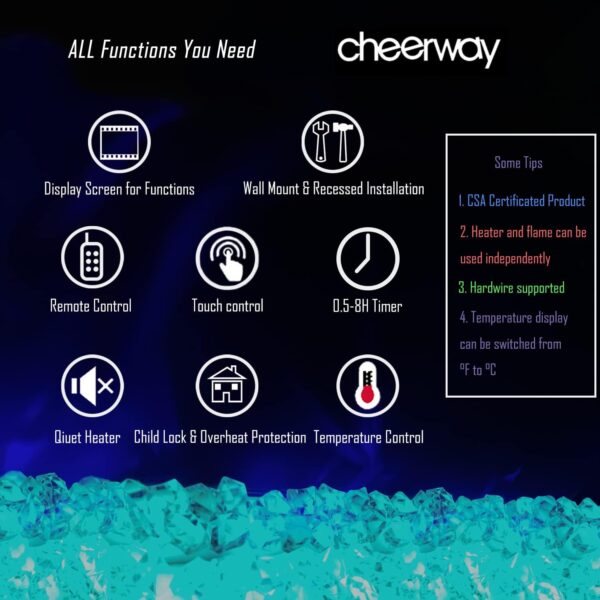 Cheerway 50 Inch Electric Fireplace, Recessed Fireplace Insert and Wall Mount Fireplace Heater with Remote & Touch Control, Adjustable Flame Color & Brightness, Log Set & Crystals, Child Lock & Timer - Image 5