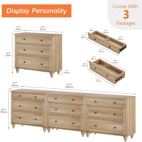 WAMPAT Dresser for Bedroom with 9 Drawers, Oak Kids Dressers with Wide Chest of Drawers, Mid Century Modern Wooden Closet Storage Organizer, Large Wood Dressers for Living Room, Nursery, Hallway - Image 2