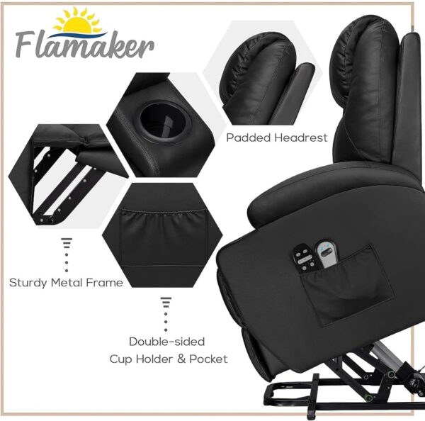 Flamaker Power Lift Recliner Chair PU Leather with Massage for Elderly Ergonomic Lounge Chair Classic Single Sofa with 2 Cup Holders Side Pockets Home Theater Seat (Light Black) - Image 7