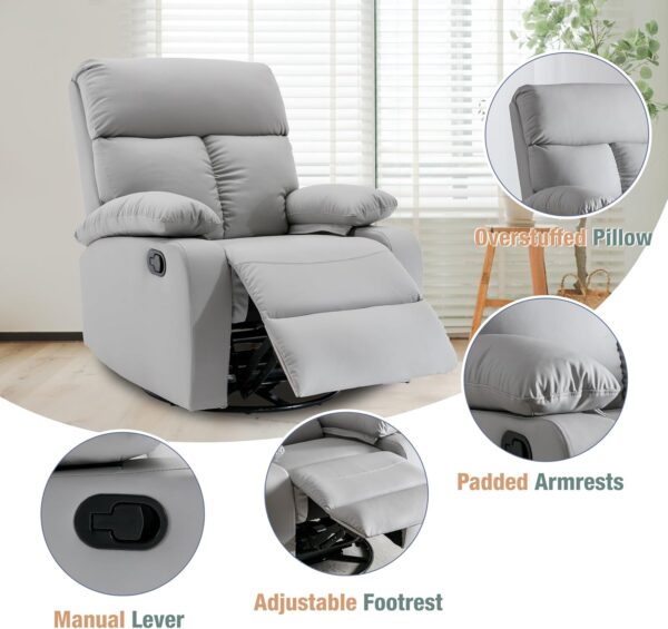 Swivel Rocker Recliner, Rocking Recliner Chair, Small Rocker Recliners for Small Spaces, Living Room, Bedroom, Nursery, RV, Light Grey - Image 5