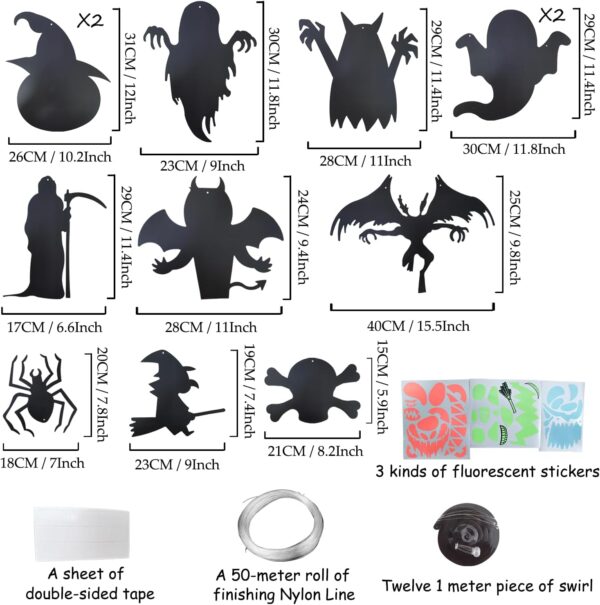 Halloween Glow Party Hanging Swirls Decorations, 12 PCS Glow in Dark Waterproof Wall Ornament, 3D Ceiling Streamer Large Ghost Bats Witch for Outdoor Yard Decor - Image 2