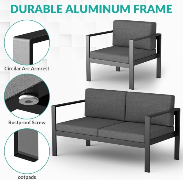 Aluminum Patio Furniture Set 4 Pcs Outdoor Couch with Coffee Table Patio Conversation Sets Loveseat Patio Sectional Chat Sofa with Cushions for Lawn, Garden,Balcony,Backyard and Deck-Silver - Image 2