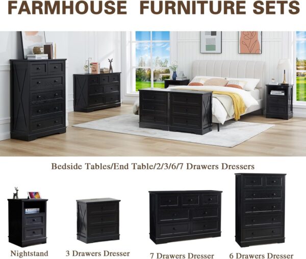 LDTTCUK 6 Drawer Dresser, Farmhouse Dresser Chest of Drawer for Bedroom, 48 Inch Tall Dresser, Wood Storage Chest of Drawers Storage Cabinet for Living Room, Entryway, Hallway, Black - Image 7