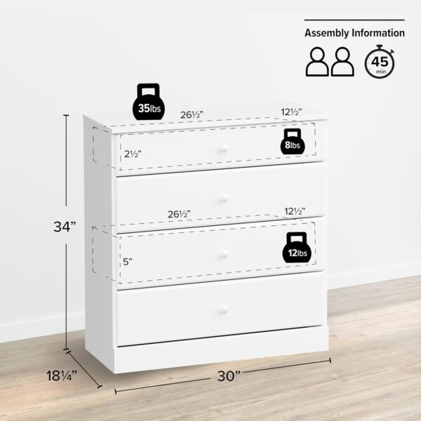 Prepac Astrid Simplistic 4-Drawer Dresser for Bedroom, Functional Bedroom Dresser Chest of Drawers 16" D x 30" W x 36.25" H, White, WDBR-0401-1 - Image 3