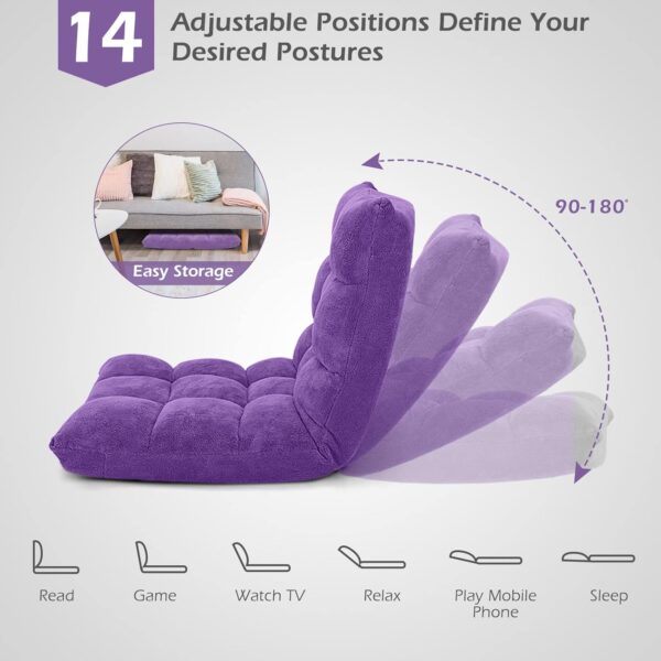 LDAILY 14-Position Floor Chair, Adjustable Gaming Chair with Strong Back Support, Padded Cushion, Folding Couch Recliner Sofa, Ideal for Floor Seating, Reading, Gaming(Purple) - Image 4