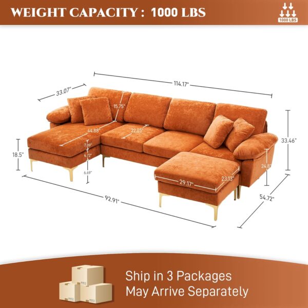 OUYESSIR U-Shaped Sectional Sofa Couch, 4 Seat Sofa Set for Living Room, Convertible L-Shaped Velvet Couch Set with Chaise Lounge, Ottoman and Pillows,114 inches (Orange) - Image 2