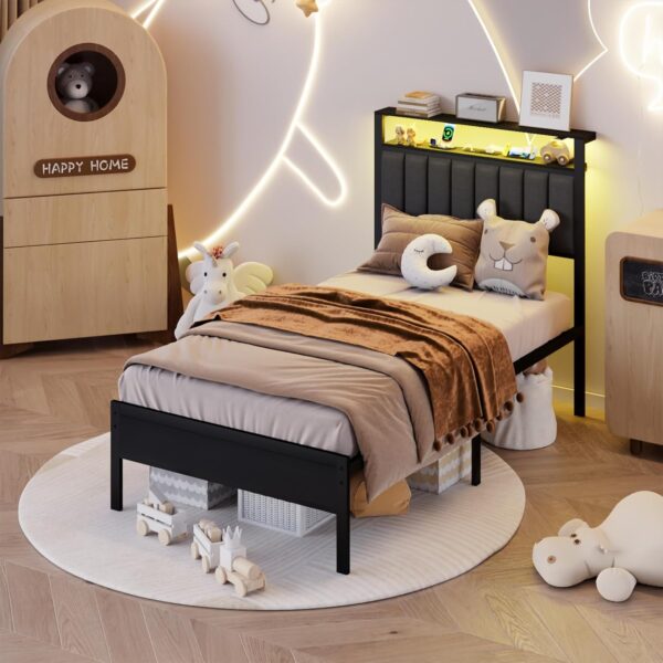 Furnulem Twin Size Bed Frame with Charging Station and LED Lights, Platform Bed with Metal Slats, Grey Upholstered Headboard with 2-Tier Storage Shelves, No Box Spring Needed - Image 3