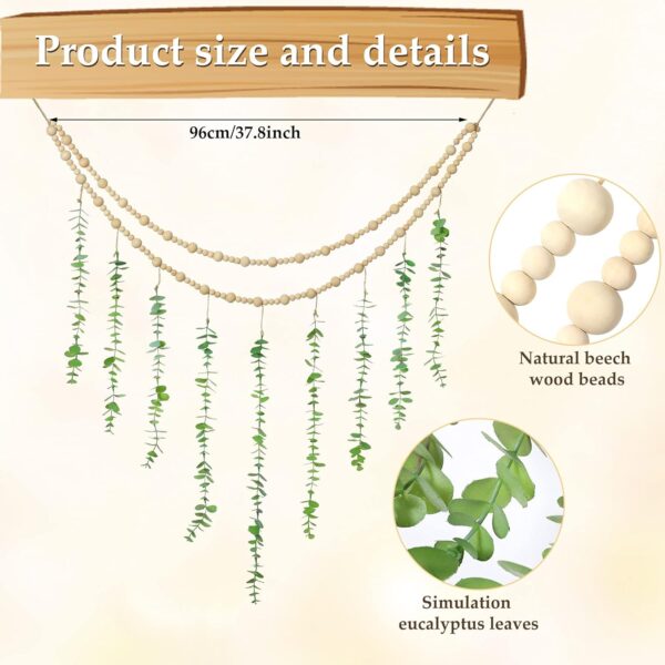 Hanging Eucalyptus Boho Wall Decor Large Boho Bedroom Wall Hanging Wooden Bead Garland Artificial Eucalyptus Natural Greenery Decoration, 36 x 36 Inch - Image 2