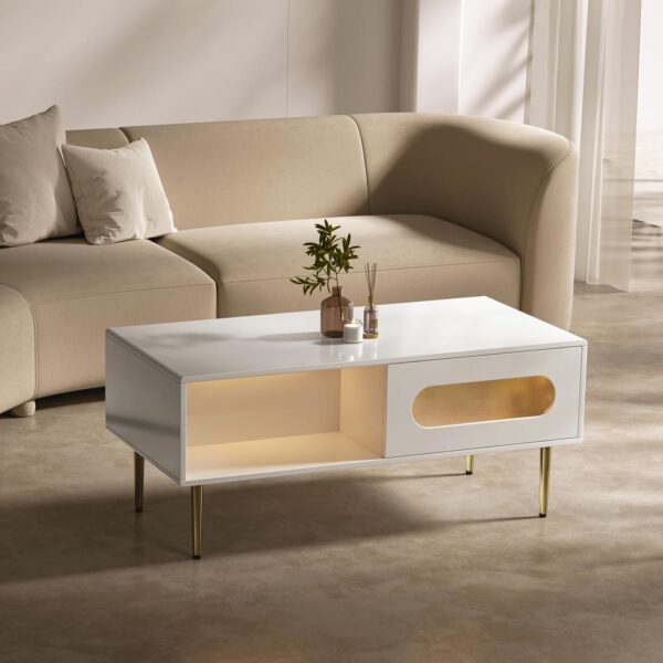 Coffee Table for Living Room 40.6inch LED Coffee Table Small White Coffee Table with Hidden Storage, High Glossy Modern Coffee Tables with Gold Metal Legs, Rounded Edges Home Accent Furniture - Image 7