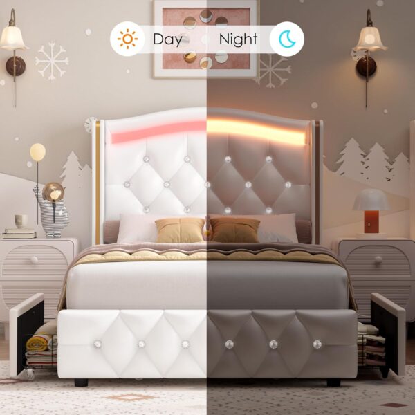 HIFIT Full Smart LED Platform Bed Frame with 4 Storage Drawers, Crystal Button-Tufted & Stainless Gold Trim Wingback Headboard, Modern PU Upholstered White /No Box Spring Needed/Easy Assembly - Image 6