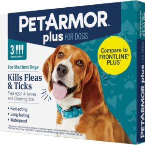 PetArmor Plus Flea and Tick Prevention for Dogs, Dog Flea and Tick Treatment, 3 Doses, Waterproof Topical, Fast Acting, Medium Dogs (23-44 lbs)