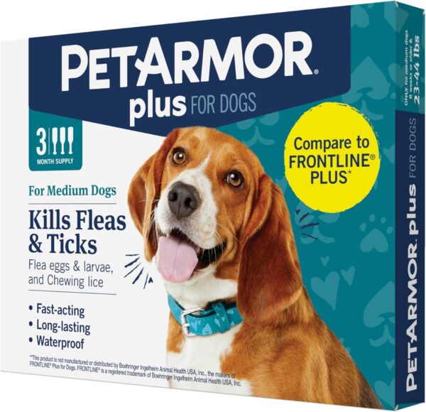 PetArmor Plus Flea and Tick Prevention for Dogs, Dog Flea and Tick Treatment, 3 Doses, Waterproof Topical, Fast Acting, Medium Dogs (23-44 lbs)