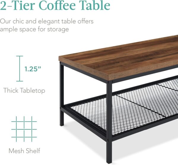 Best Choice Products 44in Modern Coffee Table, Large 2-Tier Industrial Rectangular Wood Grain Top Coffee Table, Accent Furniture for Living Room w/Mesh Shelf, Metal Frame - Gray - Image 4