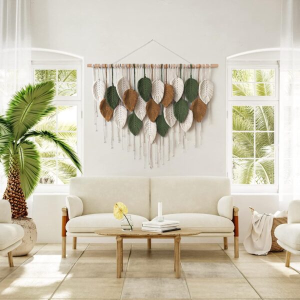 KHOYIME Large Macrame Wall Hanging Boho Woven Tapestry, Chic Home Decor Modern Bohemian Handmade Leaf Feather Wall Art Decorations for Apartment Dorm Living Room Bedroom Nursery Backdrop 39"W X 29.5"L - Image 4