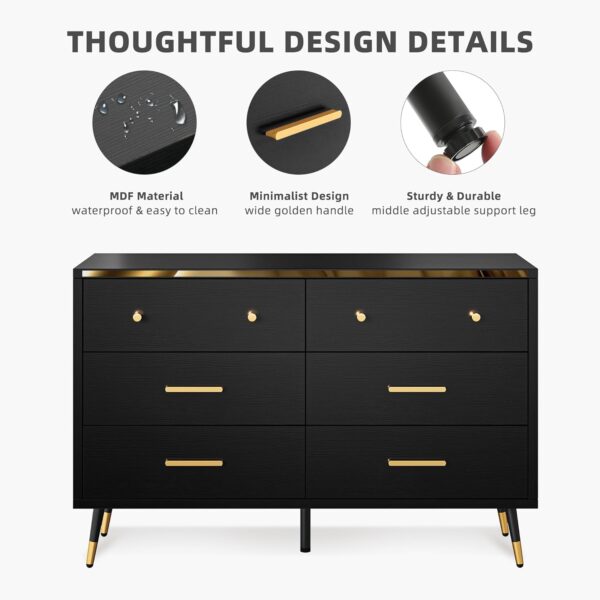 DWVO Black 6 Drawer Dresser, 47" W Large Double Dresser Chest of Drawers, Modern Wood Storage Dresser Organizer with Golden Metal Handles & Anti-Tipping Device for Hallway, Entryway, Dresser Room - Image 6