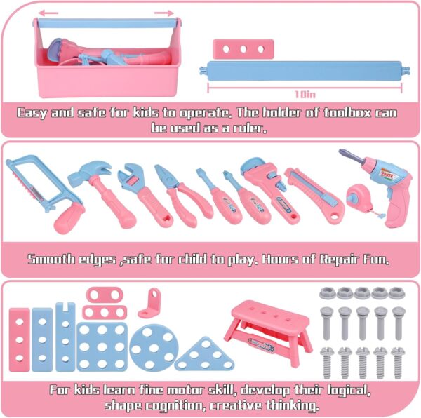Kids Tool Set, 48PCS Toddler Tool Set with Electronic Toy Drill & Kids Tape Measure,Pretend Play Construction Toys Costume with Kids Tool Belt & Gloves,Toy Tools Box for Girl Boy Ages 3-8 - Image 6