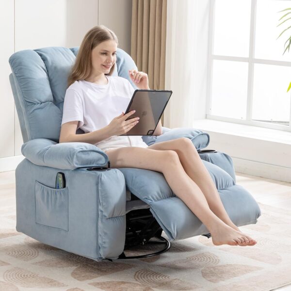 COMHOMA Recliner Chair, Swivel Rocker Recliner with Cup Holders, Heat and Massage, Fabric Recliners Sofa for Living Room (Red Brown) - Image 3