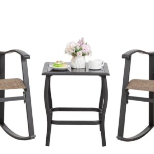 Shintenchi 3 Piece Rocking Bistro Set, Outdoor Furniture with Rocker Chairs and Glass Coffee Table Set of 3, Balcony, Porch Furniture for Small Space, Brown