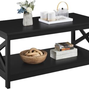 Yaheetech Wood 2-Tier Black Coffee Table with Storage Shelf for Living Room, X Design Accent Cocktail Table, Easy Assembly Home Furniture, 39.5 x 21.5 x 18 Inches