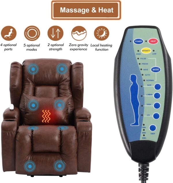 BINGTOO Power Lift Recliner Chair with Massage and Heat for Elderly, Leather Electric Recliner Heated Vibration Massage Sofa Living Room Chair with Cupholder, USB Port, Remote Control, Side Pockets - Image 4
