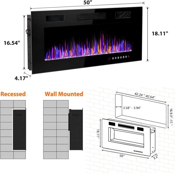 Electic Fireplace, 50" Recessed and Wall Mounted Electric Fireplace, Ultra-Thin Electric Fireplace Inserts Heater, 750W/1500W Fire Places Insert and Wall Electric Fireplace with Remote Control - Image 7