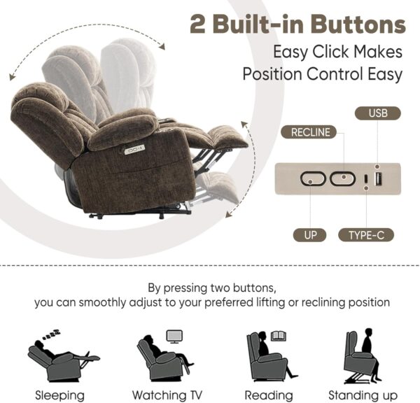 Large Power Lift Chairs Recliners for Elderly with Heated and Massage, Upgraded Chenille Lift Chairs Recliners, USB-A and USB-C, Cup Holder, Side Pocket, Brown - Image 3