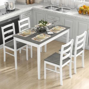Tangkula Dining Table Set for 4, Farmhouse Solid Wood Dinette Set w/Rubber Wood Legs, Modern Dining Table and Chairs Set for Kitchen, Dining Room (Grey+White)