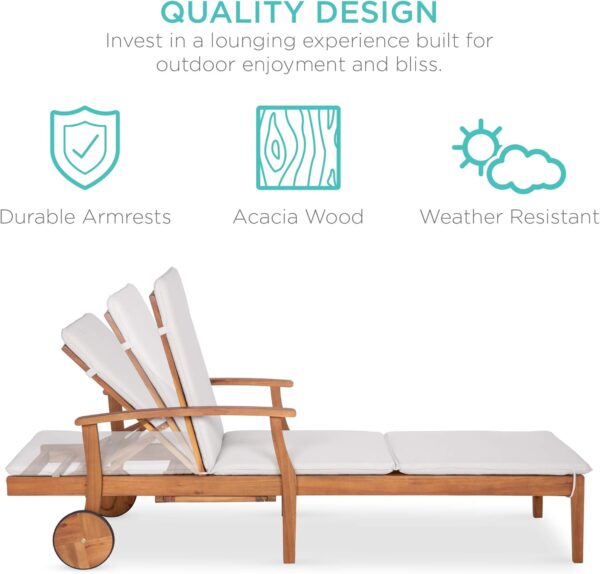 Best Choice Products 79x26in Acacia Wood Chaise Lounge Chair Recliner, Outdoor Furniture for Patio, Poolside w/Slide-Out Side Table, Foam-Padded Cushion, Adjustable Backrest, Wheels - Cream - Image 5