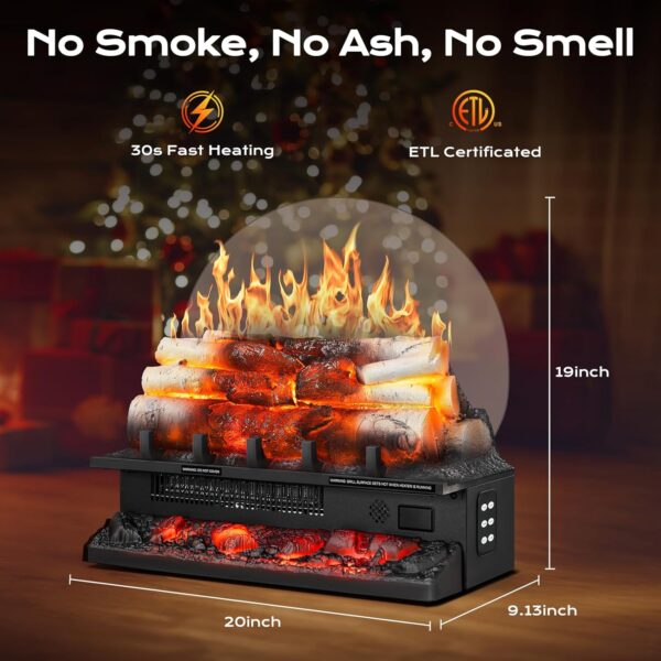 Electric Fireplace Log Heater 750W/1500W, 20" Electric Fireplace Insert with Adjustable 5 Flame Brightness&Speed/3 Music Sounds/Remote Control/8Hrs Timer for Home, Room, Office Decor - Image 7