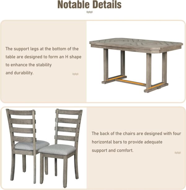 Merax 6-Piece Rubber Wood Dining Table Set with 4 Cushioned Chairs and Bench, Beautiful Wooden Grain Pattern Tabletop, Grey - Image 3
