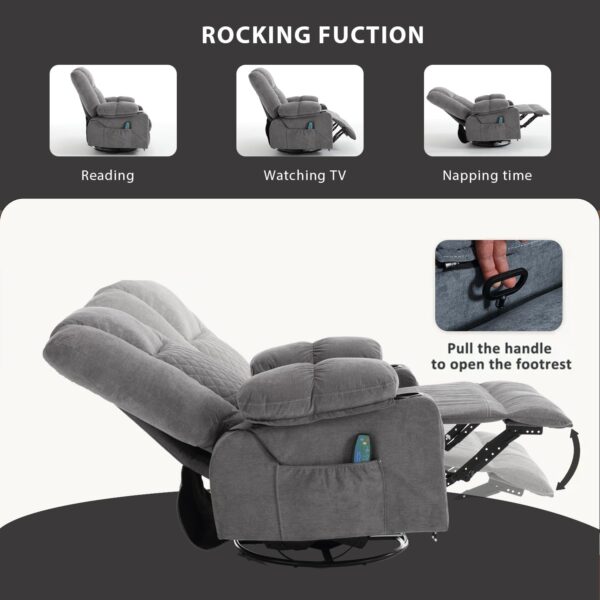 Massage Rocker Recliner Chair with Heat, Overstuffed Recliners Oversized Lounge Chairs for Adults, Fabric Manual Reclining Home Theater Recliner with Cup Holders,USB Charge Port,Grey - Image 5