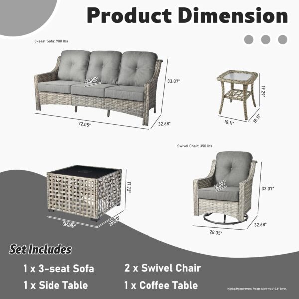 ovios 5 Piece Outdoor Patio Furniture with 3 Seat Sofa,Rattan Wicker Coversation Set with Swivel Rocking Chair,Balcony Sofa Set with Shiny Table for Outside Porch Backyard Pool,Dark Grey - Image 7