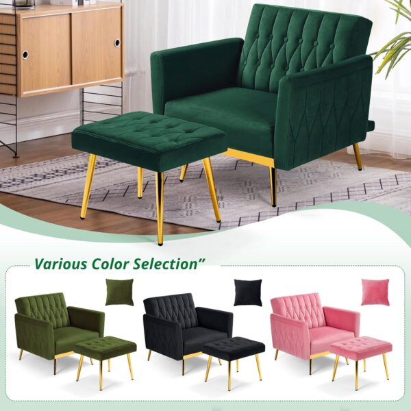 Velvet Accent Chair with Adjustable Armrests and Backrest, Button Tufted Lounge Chair, Single Recliner Armchair with Ottoman and Pillow for Living Room, Bedroom, Green - Image 7