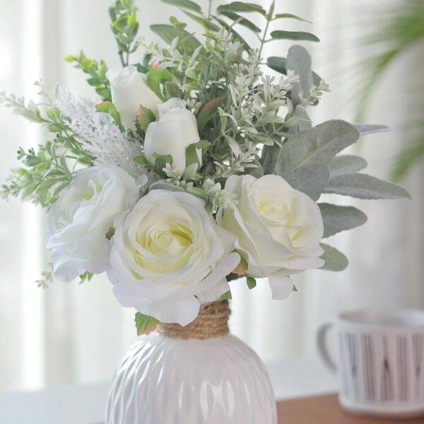 FOTEEWL Artificial Flowers with Ceramic Vase,Faux Silk Roses and Fake Plant Eucalyptus in Vase for Centerpiece Table Decorations, Living Room,Dining Table,Fireplace,Office,Farmhouse,Home Decor(White) - Image 5