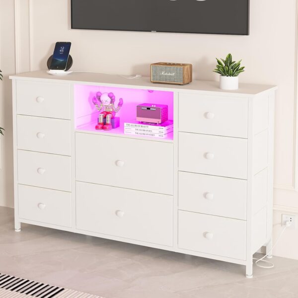 LDTTCUK Dresser with Charging Station and LED Lights, Long Dresser for Bedroom Dresser TV Stand with 10 Drawers, Fabric Chest of Drawers with PU Finish, Wide Dresser Storage Organizer, White - Image 7