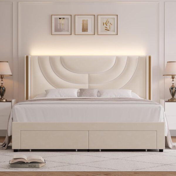HITHOS Full Upholstered LED Bed Frame with 2 Storage Drawers, Velvet Platform Bed with Wingback Headboard, Solid Wooden Slats Support, No Box Spring Needed, Headboard Splicing Design, Beige - Image 3