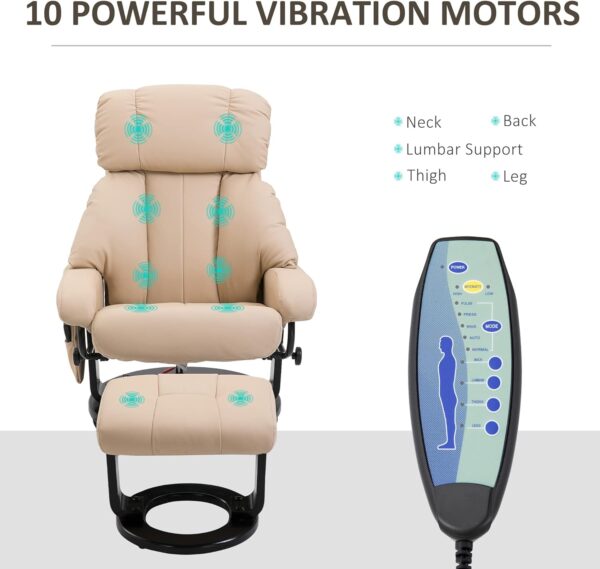 HOMCOM Massage Recliner Chair with Ottoman, 360° Swivel Recliner and Footstool, 10 Point Vibration, PU Leather Reclining Chair with Side Pocket and Remote Control, Beige - Image 4