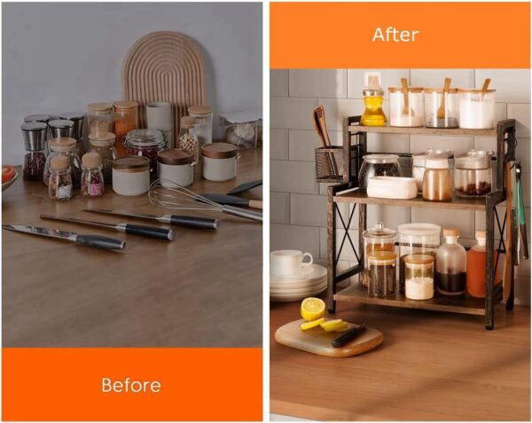 Lazy Susan Spice Rack Organizer with Wire Basket, 3-Tier Counter Shelf, Desktop Organizer with Engineered Wood, for Countertop, Kitchen, Dining Room, Office - Image 4