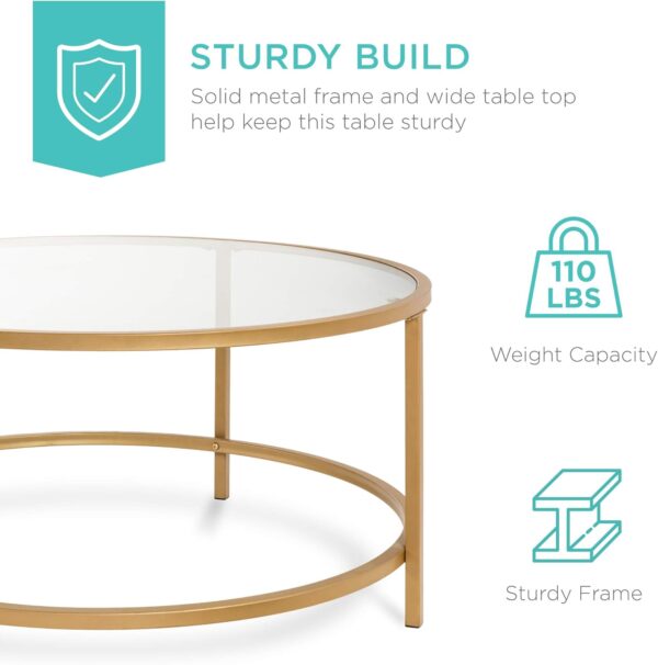 Best Choice Products 36in Modern Round Tempered Glass Accent Side Coffee Table for Living Room, Dining Room, Tea, Home Décor w/Satin Trim, Metal Frame, Non-Marring Foot Caps - Bronze Gold - Image 6