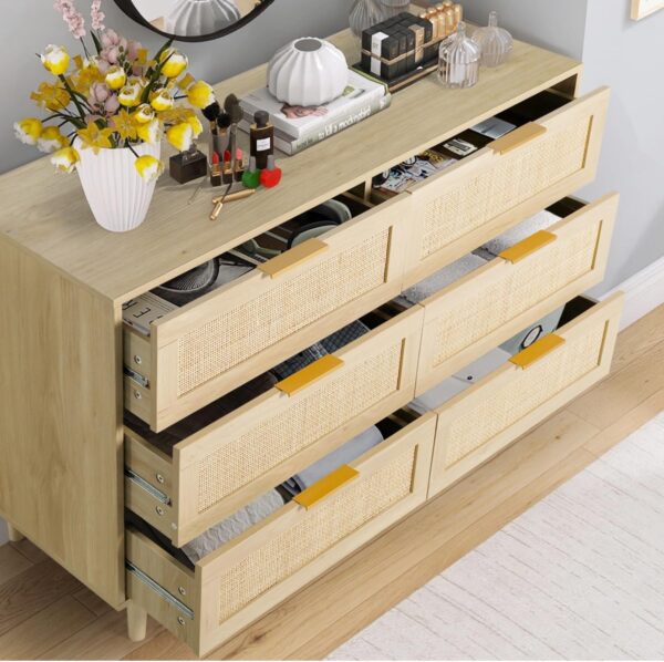 Rattan Dresser for Bedroom, Modern 6 Drawer Double Dresser with Gold Handles, Wood Storage Chest of Drawers fo Bedroom,Living Room,Hallway (Natural) - Image 6