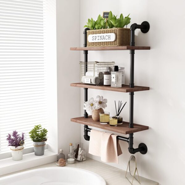 BOSURU Industrial Pipe Bathroom Shelves Rustic Wood Shelves with Towel Bar 24" Farmhouse Wall Shelf for Wall Pipe Shelving - Image 6
