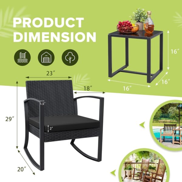 Homall Patio Furniture Set 3 Piece Resin Outdoor Bistro Set Rocking Patio Chairs with Cushions and Table for Porch, Poolside, Balcony and Yard (Black) - Image 7