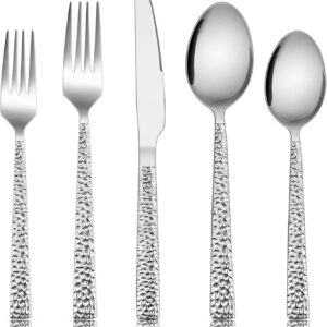 E-far 60-Piece Silverware Set, Hammered Stainless Steel Square Flatware Cutlery Set for 12, Tableware Set Eating Utensils for Home Kitchen Restaurant, Modern Design & Mirror Polished - Dishwasher Safe