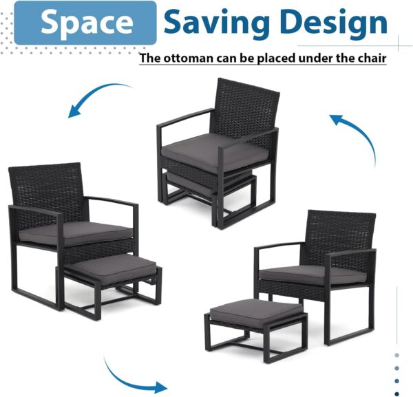 JOIVI 5 Pieces Patio Bistro Set, PE Wicker Outdoor Patio Furniture Set, Modern Rattan Patio Chairs with Table & Ottomans, Patio Conversation Sets for Balcony, Front Porch, Garden, Black Cushion - Image 7