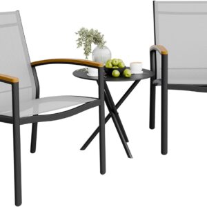 Shintenchi 3 Pieces Patio Bistro Sets, Outdoor Textilene Fabric Conversation Bistro Set, Textilene Fabric Front Porch Chairs Small Patio Furniture Set with Table for Lawn,Garden,Balcony (Black)